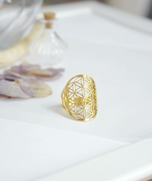 Bague Réglable Fleur de vie acier inoxydable doré Laoobijoux b