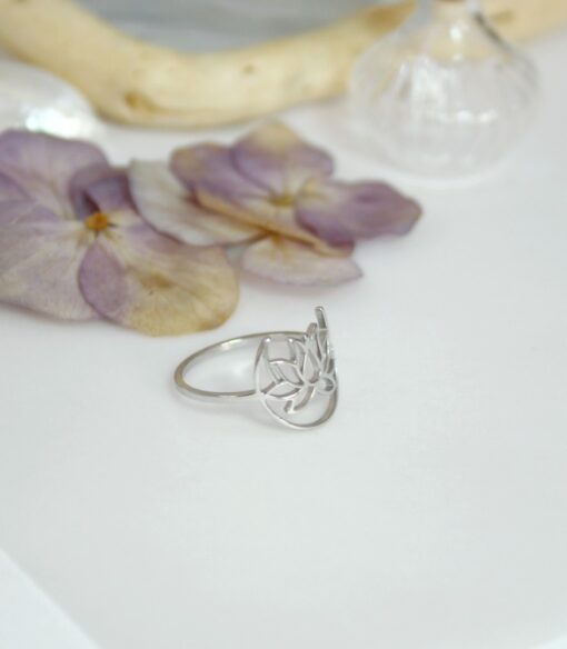 Bague réglable lune lotus acier inoxydable argenté Laoobijoux b