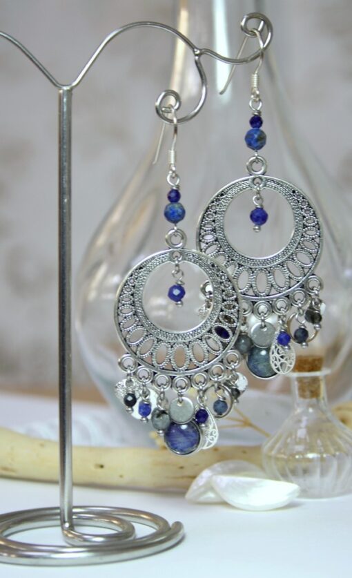 Boucles d'oreille attrape rêve Sodalite Lapis Lazuli Argent925 Laoobijoux b