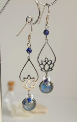 grandes Boucles d'oreilles bleu marine Lotus Plumbago Lapis Lazuli Argent925 Laoobijoux c