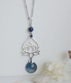 Sautoir Lotus Lapis Lazuli Lotus Plumbago Acier Inoxydable Laoobijoux c