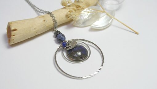Sautoir anneaux Pervenche Sodalite Lapis Lazuli acier argent Laoobijoux b