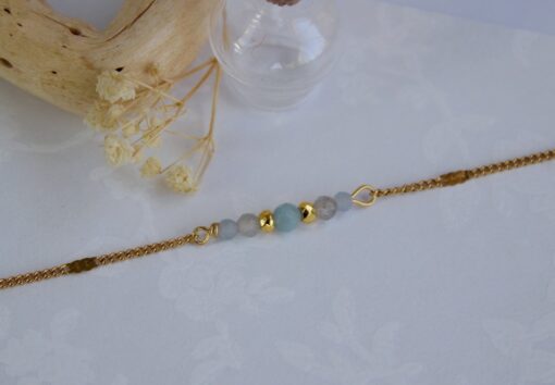 Bracelet perles Angelite Aigue marine Acier inoxydable doré Laoobijoux a
