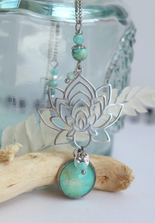 Sautoir Lotus Amazonite Oeillet acier inoxydable Laoobijoux a