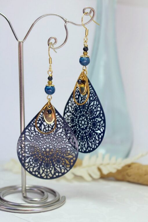 Boucles d'oreilles filigrane bleu saphir d'inde sodalite acier inoxydable doré Laoobijoux g