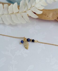 Bracelet bleu marine plume Saphir d'Inde acier inoxydable doré Laoobijoux a