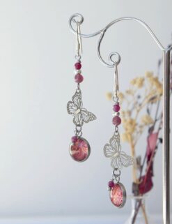 Boucles d'oreilles Papillon Rubis Lépidolite Alstromère Argent925 Laoobijoux