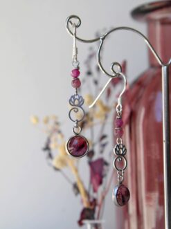 Boucles d'oreilles Lotus Rose Rubis Lépidolite Alstromère Argent925 Laoobijoux c