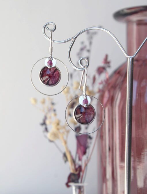 Boucles d'oreilles roses Rubis Lépidolite Alstromère Petits anneaux Argent925 Laoobijoux b