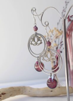 Grandes Boucles d'oreilles Lotus Rubis Lépidolite Alstromère Argent925 Laoobijoux d