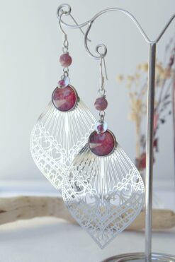 Grandes Boucles d'oreilles ajourées Rubis Lépidolite Alstromère Argent925 Laoobijoux c