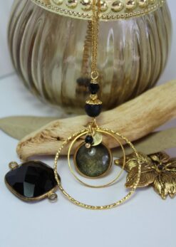 Sautoir anneaux onyx obsidienne Pétale de Rose acier inoxydable or Laoobijoux b
