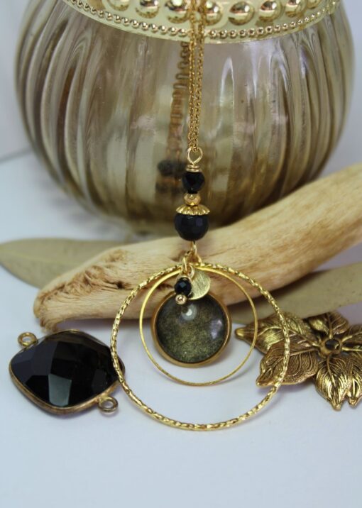 Sautoir anneaux onyx obsidienne Pétale de Rose acier inoxydable or Laoobijoux b