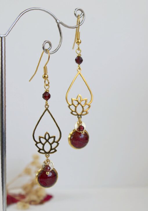 Boucles d'oreilles Grenat doré Lotus rose rouge Acier inoxydable Doré Laoobijoux a