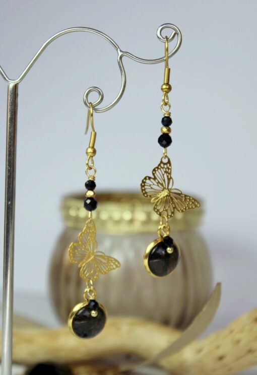 Boucles d'oreilles dorées papillons onyx obsidienne acier inoxydable or Laoobijoux a