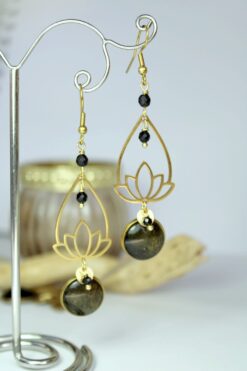 Boucles d'oreille lotus onyx obsidienne acier inoxydable or Laoobijoux