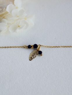 Bracelet Plume Onyx Obsidienne acier inoxydable doré Laoobijoux b