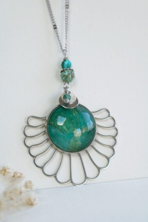 Sautoir lotus bleu Turquoise Pensée Acier Inoxydable argent Laoobijoux a