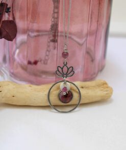 Collier lotus argent rubis alstromère lepidolite Laoobijoux a